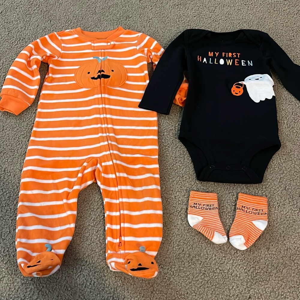 Halloween pajamas, onesie, and socks